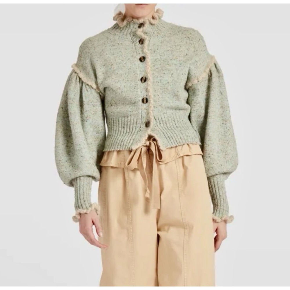 Ulla Johnson Miriam Balloon Sleeve Cardigan Sweater Ruffled Trim Pre Fall 2022